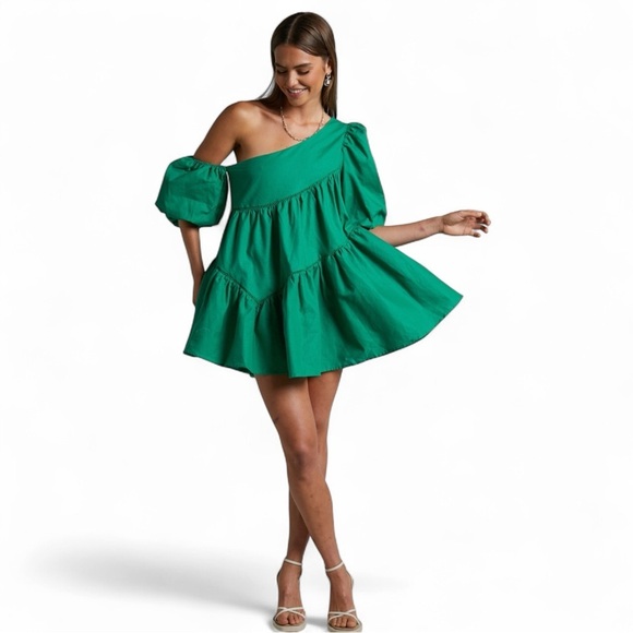 NWT Showpo Harlem Asymmetrical Puff Sleeve Mini Dress Cotton Linen Green US 8 - Picture 8 of 8